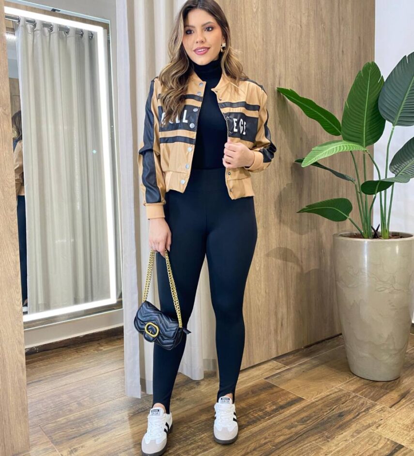 Jaqueta Feminina College Couro Eco Caramelo - Fernanda Ramos Store