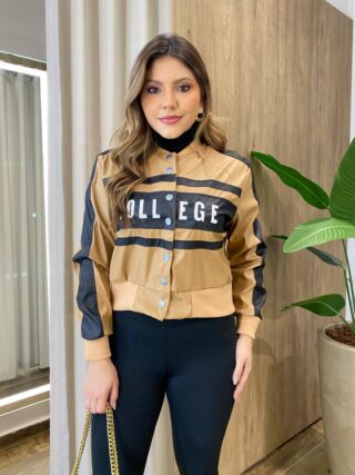 Jaqueta Feminina College Couro Eco Caramelo - Fernanda Ramos Store