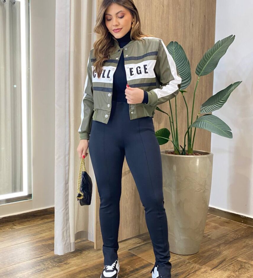 Jaqueta Feminina College Couro Eco Verde Militar - Fernanda Ramos Store