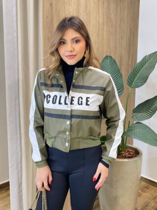 Jaqueta Feminina College Couro Eco Verde Militar - Fernanda Ramos Store