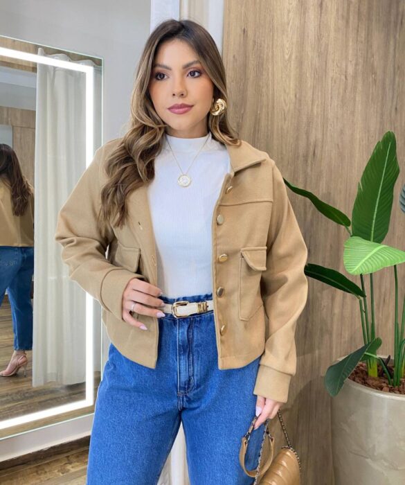 Jaqueta Feminina Sunshine Lã Batida com Botões Bege - Fernanda Ramos Store