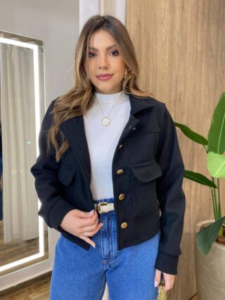 Jaqueta Feminina Sunshine Lã Batida com Botões Preta - Fernanda Ramos Store