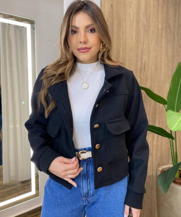 Jaqueta Feminina Sunshine Lã Batida com Botões Preta - Fernanda Ramos Store