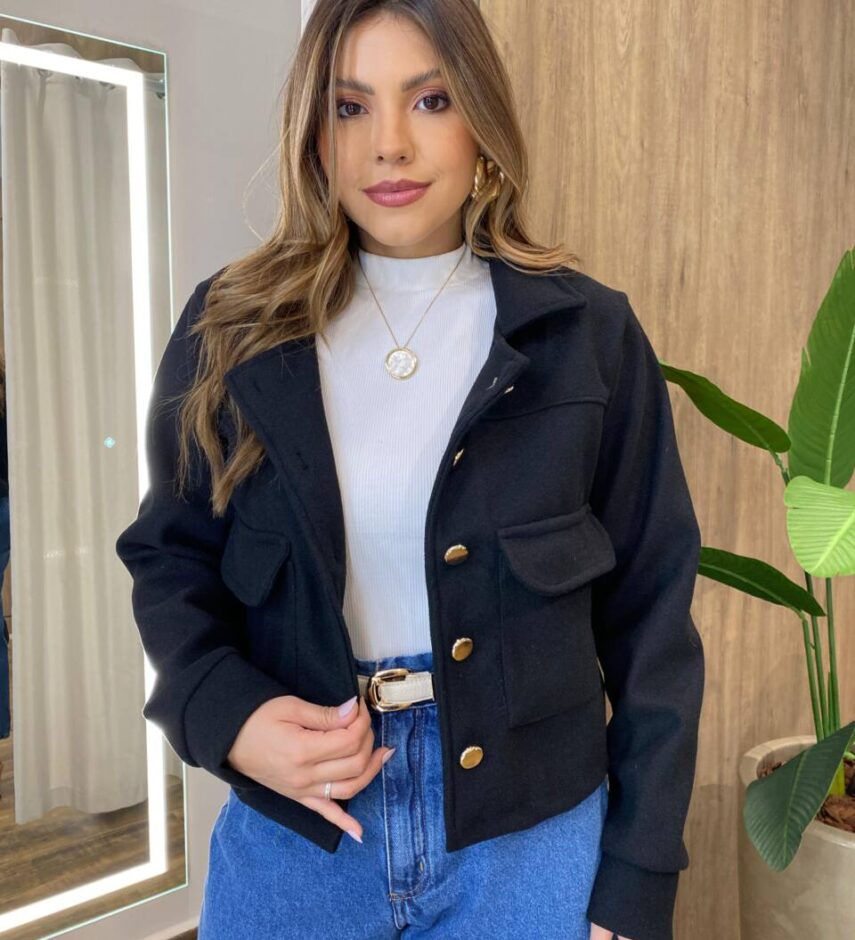 Jaqueta Feminina Sunshine Lã Batida com Botões Preta - Fernanda Ramos Store