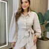 Macaquinho Curto Anye sem Bojo em Camadas Xadrez Bege - Fernanda Ramos Store