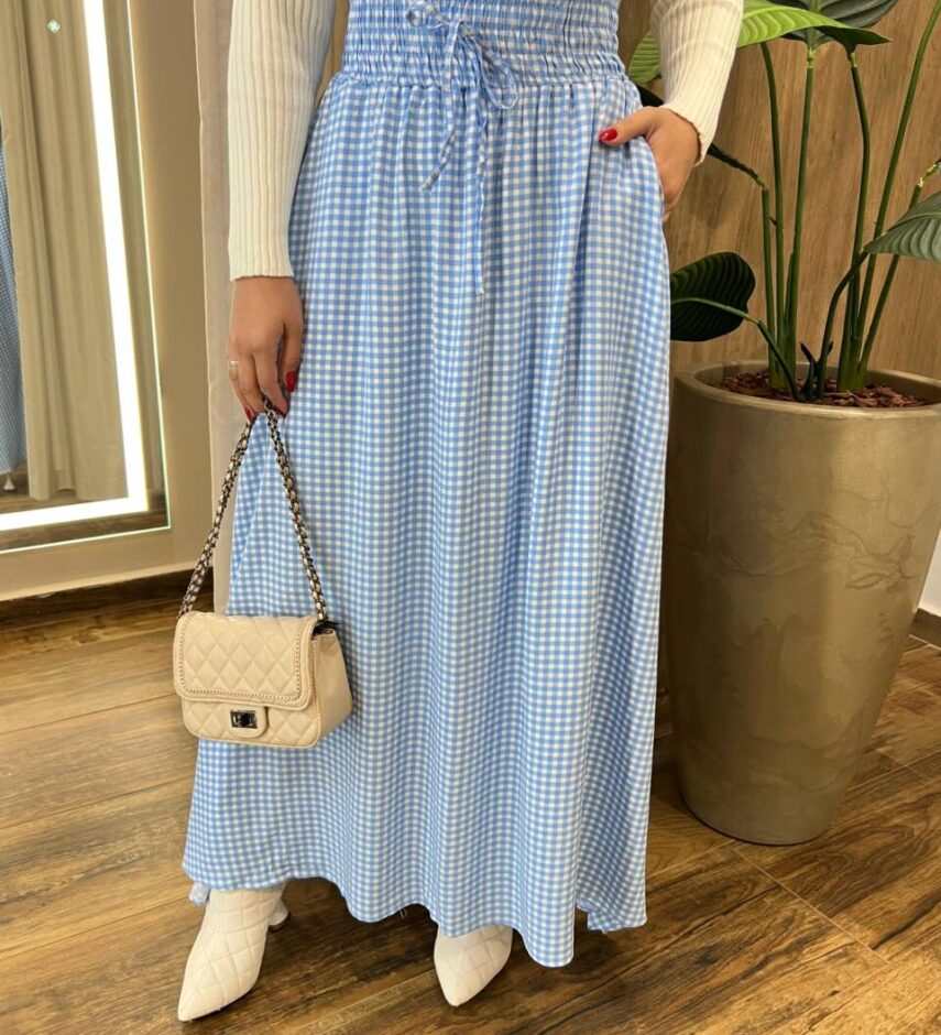 Saia Longa Feminina Amélia com Bolsos e Amarração Azul - Fernanda Ramos Store