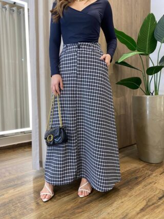 Saia Longa Feminina Cris com Bolsos e Botões Xadrez Preta - Fernanda Ramos Store