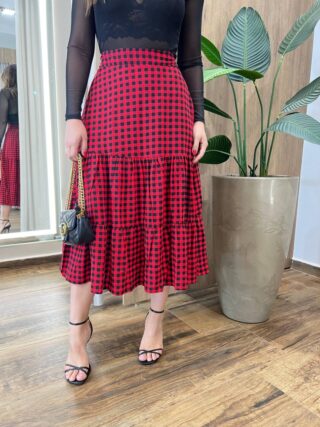 Saia Midi Feminina Amanda com Lastex Xadrez Vermelha - Fernanda Ramos Store
