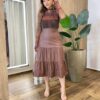 Saia Midi Feminina Mirelly Elástico na Cintura Couro Eco Marrom - Fernanda Ramos Store