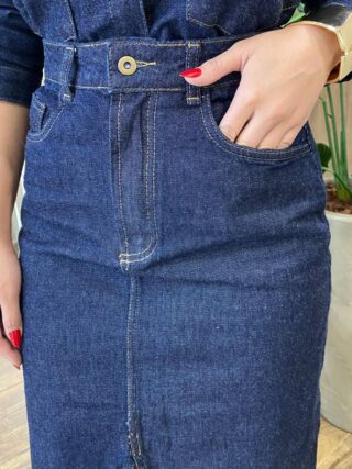 Saia Midi Feminina Renata Jeans Escuro com Fenda e Bolsos - Fernanda Ramos Store