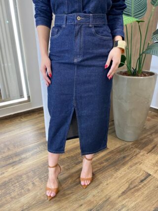 Saia Midi Feminina Renata Jeans Escuro com Fenda e Bolsos - Fernanda Ramos Store