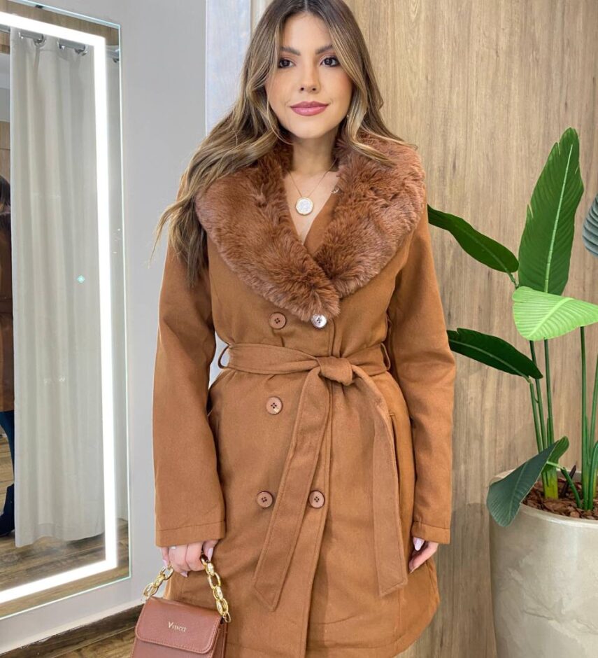 Casaco Feminino Ana Manga Longa com Pelinhos Caramelo - Fernanda Ramos Store