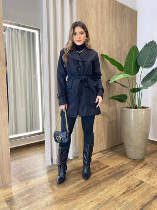 Sobretudo Feminino Lã Batida com Amarração Preto - Fernanda Ramos Store