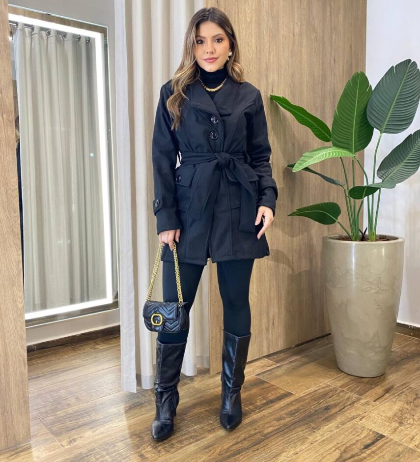 Sobretudo Feminino Lã Batida com Amarração Preto - Fernanda Ramos Store