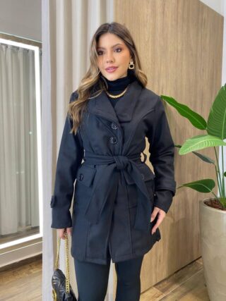 Sobretudo Feminino Lã Batida com Amarração Preto - Fernanda Ramos Store