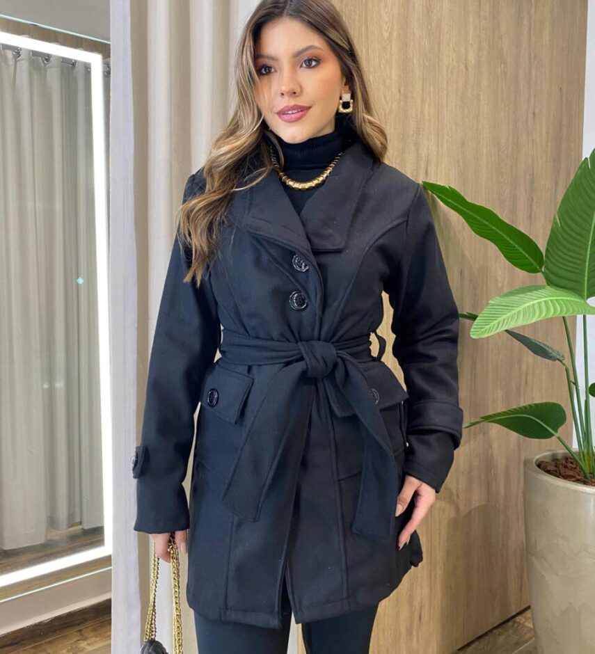 Sobretudo Feminino Lã Batida com Amarração Preto - Fernanda Ramos Store