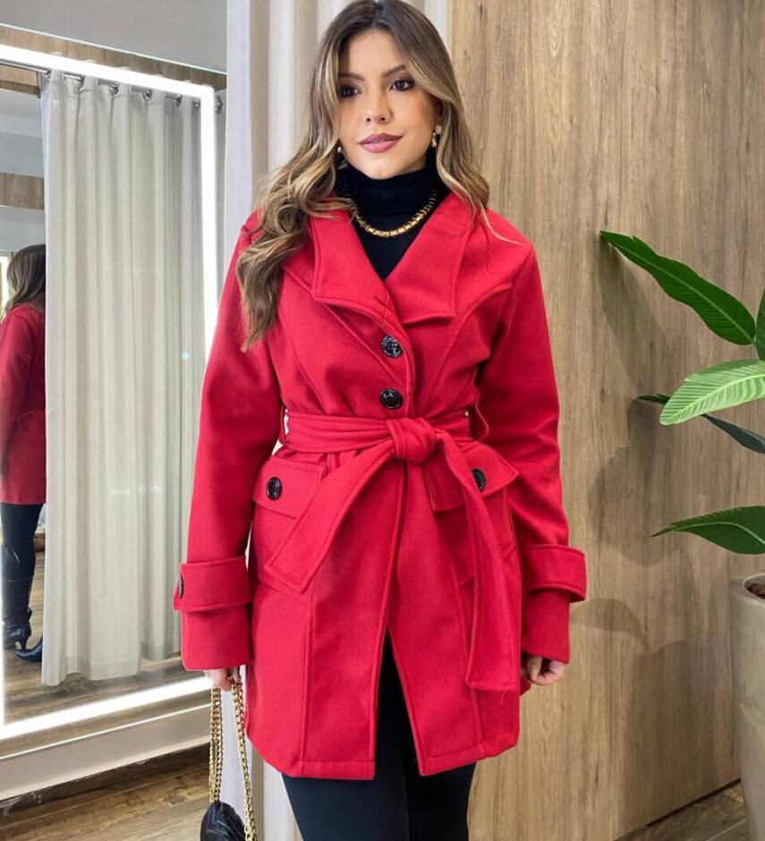 Sobretudo Feminino Lã Batida com Amarração Vermelho - Fernanda Ramos Store