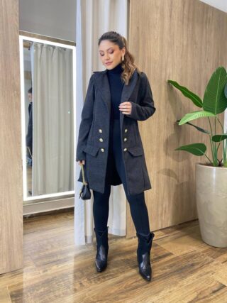 Sobretudo Feminino Tricot Elisa Cinza Escuro com Detalhe dos Botões - Fernanda Ramos Store