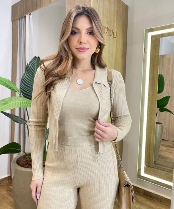 Triconjunto Feminino Sibele Tricot Modal com Zíper e Gola Bege - Fernanda Ramos Store
