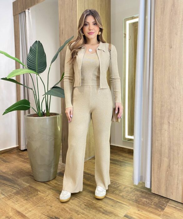 Triconjunto Feminino Sibele Tricot Modal com Zíper e Gola Bege - Fernanda Ramos Store