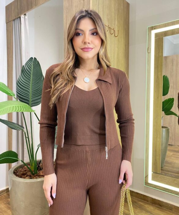 Triconjunto Feminino Sibele Tricot Modal com Zíper e Gola Marrom - Fernanda Ramos Store