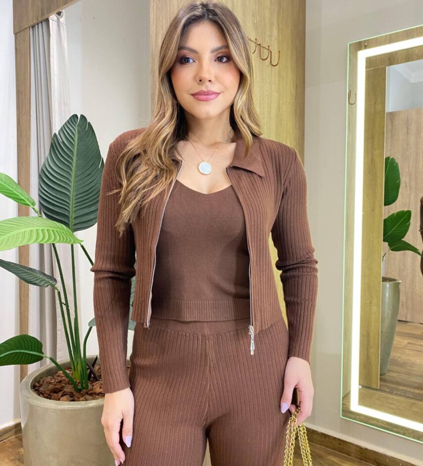 Triconjunto Feminino Sibele Tricot Modal com Zíper e Gola Marrom - Fernanda Ramos Store