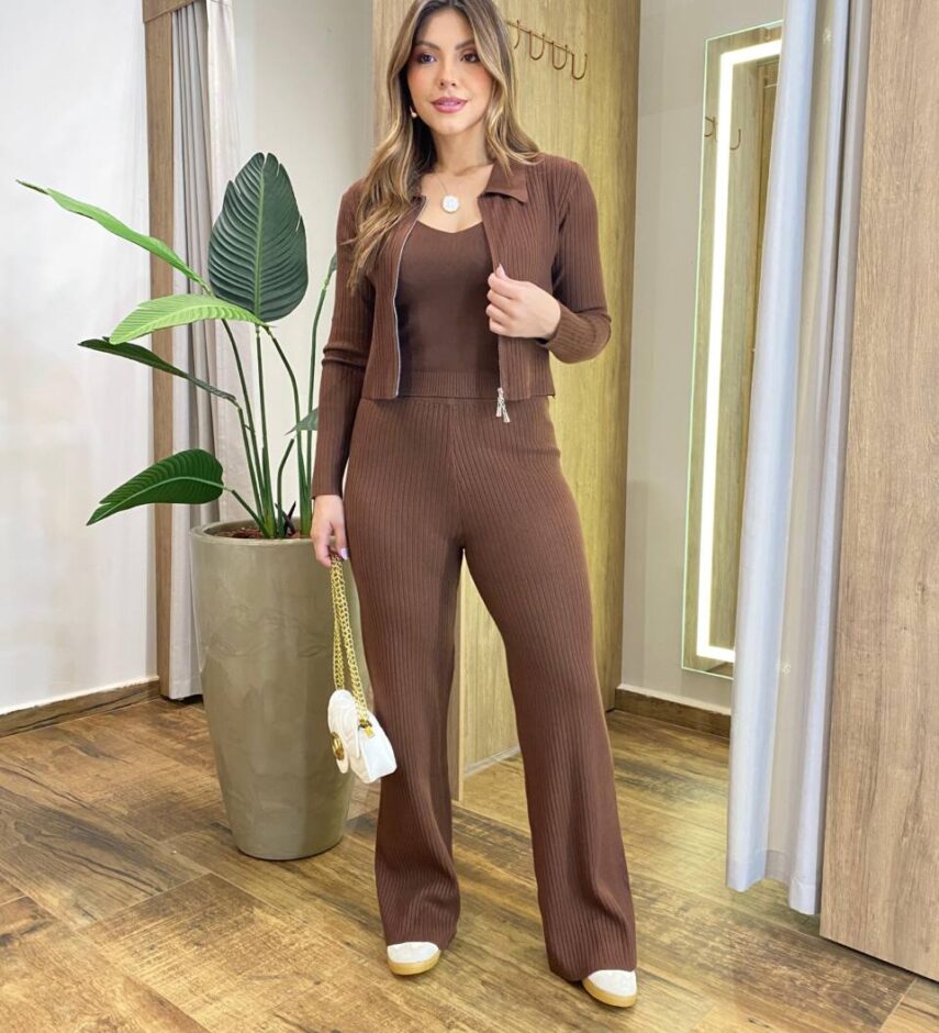 Triconjunto Feminino Sibele Tricot Modal com Zíper e Gola Marrom - Fernanda Ramos Store