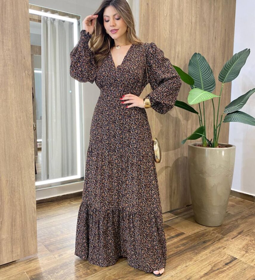 Vestido Feminino Blossom Longo sem Bojo Estampa Floral Preto - Fernanda Ramos Store