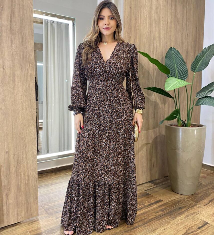 Vestido Feminino Blossom Longo sem Bojo Estampa Floral Preto - Fernanda Ramos Store