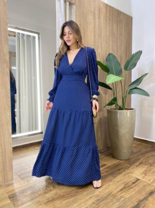 Vestido Feminino Blossom Longo sem Bojo Estampa Poá Azul - Fernanda Ramos Store