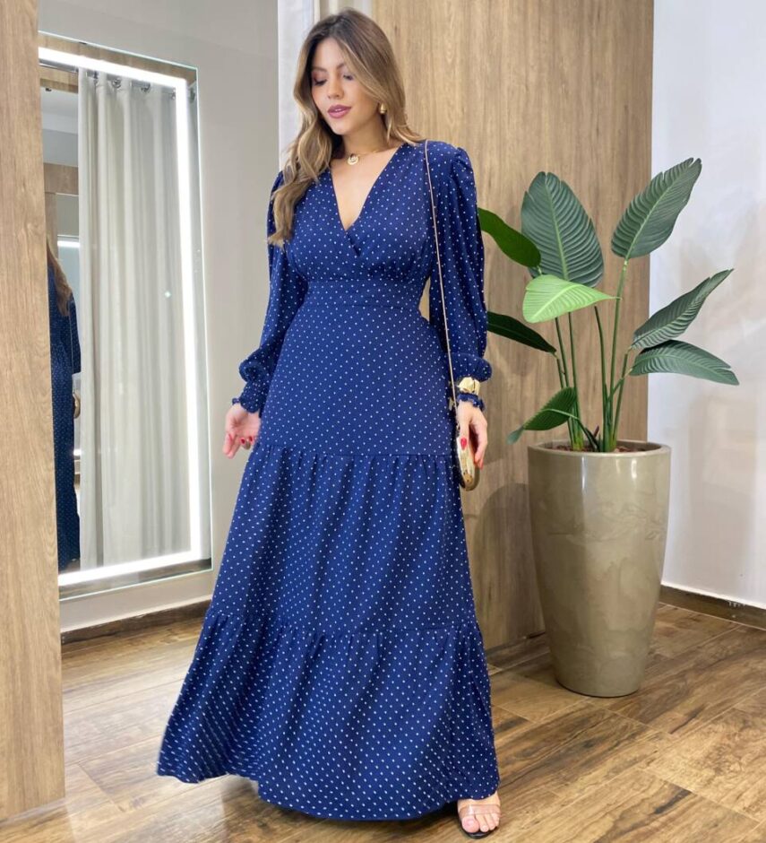 Vestido Feminino Blossom Longo sem Bojo Estampa Poá Azul - Fernanda Ramos Store