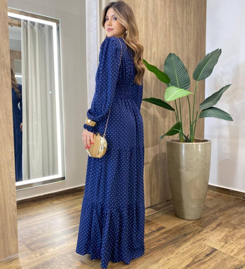 Vestido Feminino Blossom Longo sem Bojo Estampa Poá Azul - Fernanda Ramos Store
