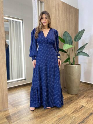 Vestido Feminino Blossom Longo sem Bojo Estampa Poá Azul - Fernanda Ramos Store