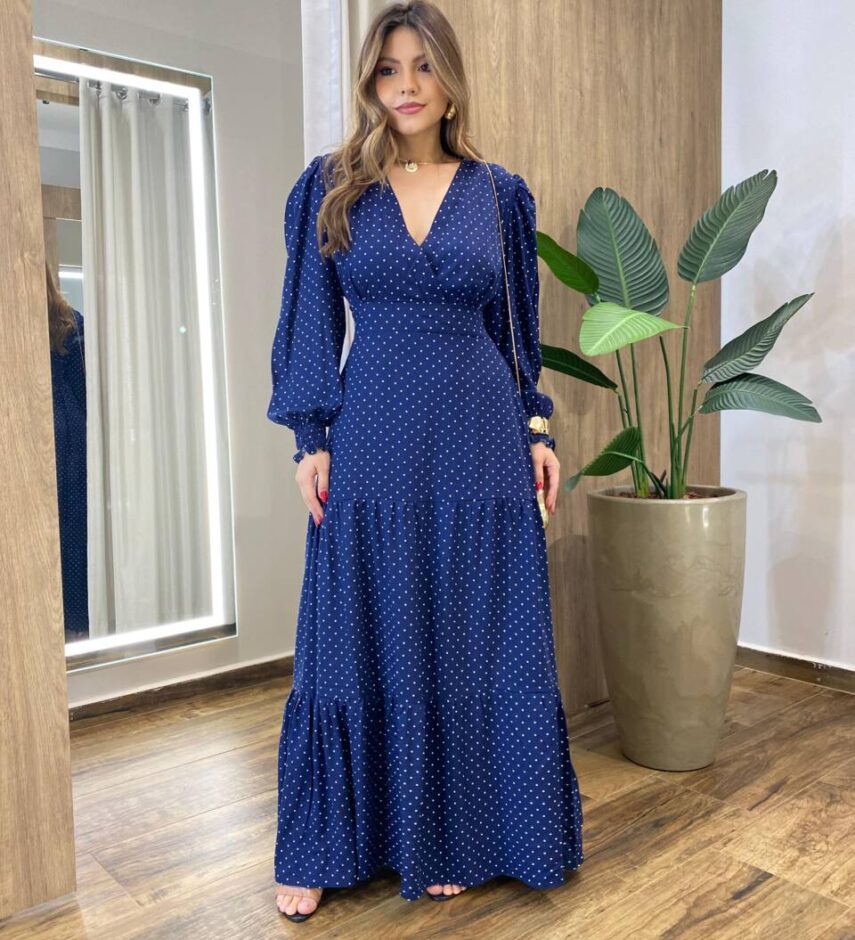 Vestido Feminino Blossom Longo sem Bojo Estampa Poá Azul - Fernanda Ramos Store