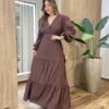 Vestido Feminino Blossom Longo sem Bojo Estampa Poá Marrom - Fernanda Ramos Store