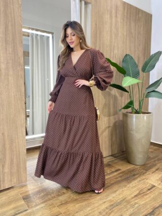 Vestido Feminino Blossom Longo sem Bojo Estampa Poá Marrom - Fernanda Ramos Store