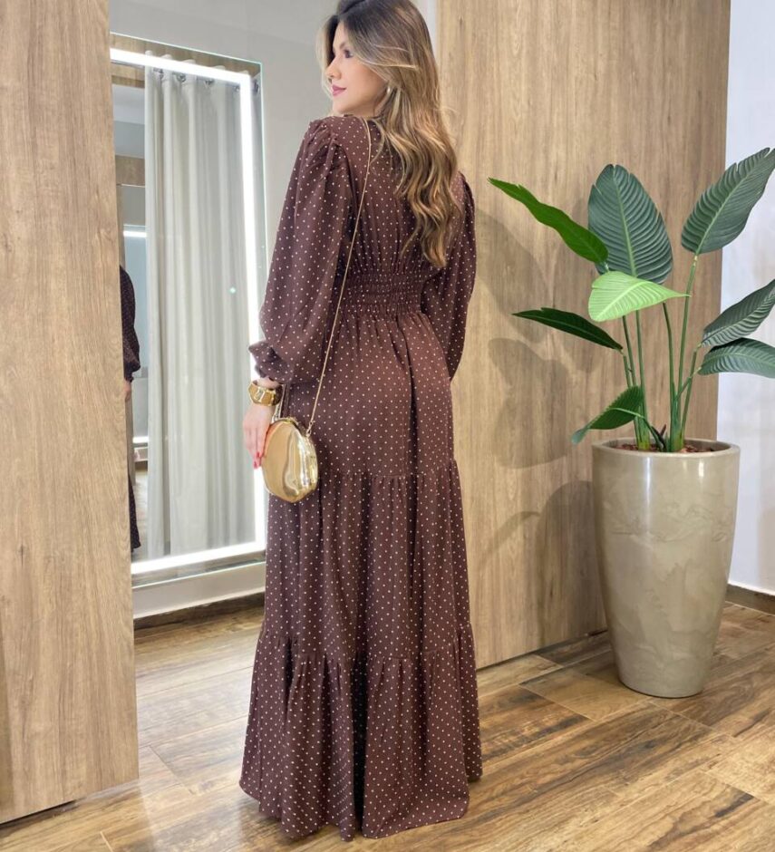 Vestido Feminino Blossom Longo sem Bojo Estampa Poá Marrom - Fernanda Ramos Store