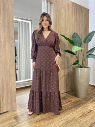 Vestido Feminino Blossom Longo sem Bojo Estampa Poá Marrom - Fernanda Ramos Store