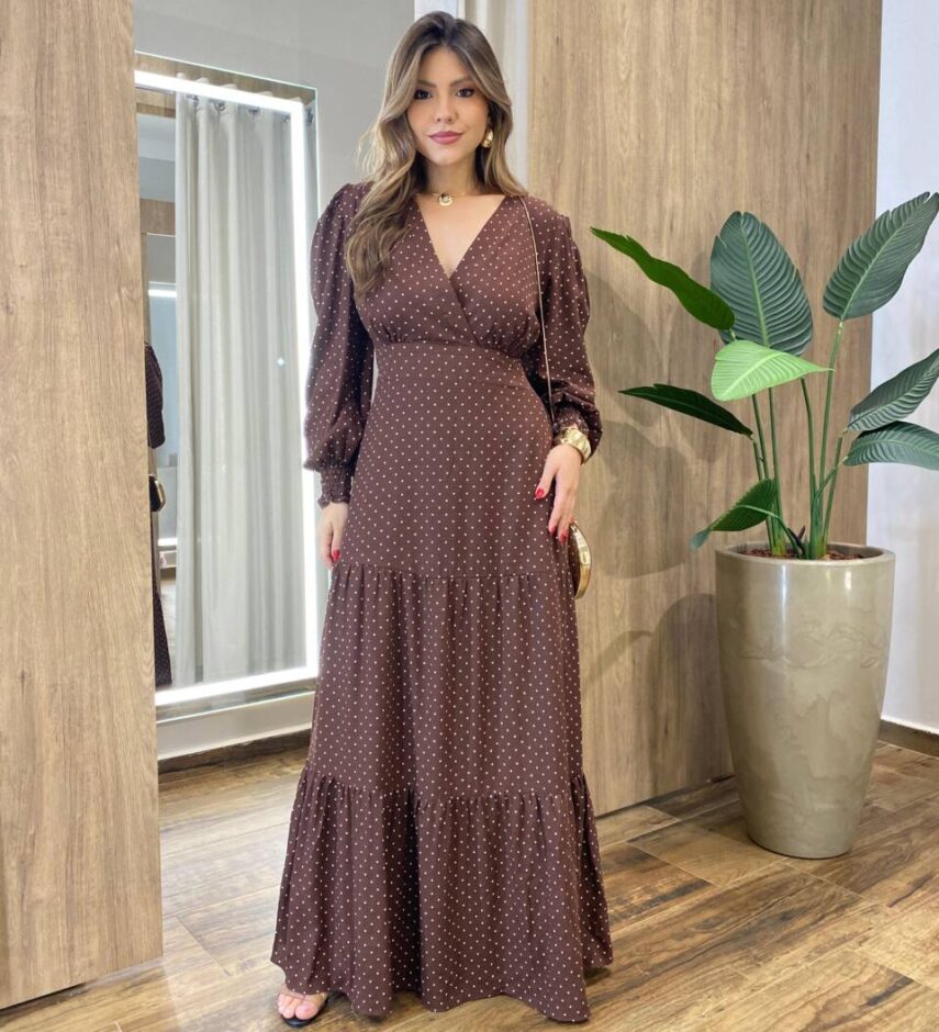 Vestido Feminino Blossom Longo sem Bojo Estampa Poá Marrom - Fernanda Ramos Store
