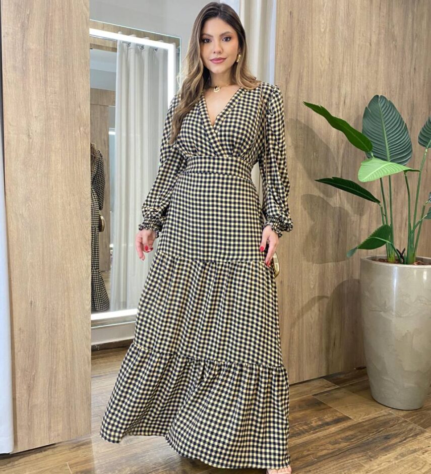 Vestido Feminino Blossom Longo sem Bojo Estampa Xadrez Bege - Fernanda Ramos Store