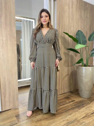 Vestido Feminino Blossom Longo sem Bojo Estampa Xadrez Bege - Fernanda Ramos Store