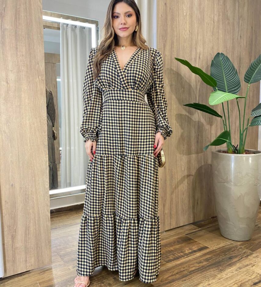 Vestido Feminino Blossom Longo sem Bojo Estampa Xadrez Bege - Fernanda Ramos Store