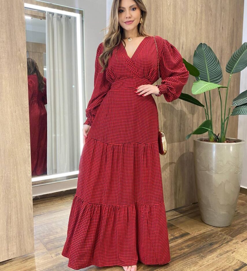 Vestido Feminino Blossom Longo sem Bojo Estampa Xadrez Vermelho - Fernanda Ramos Store