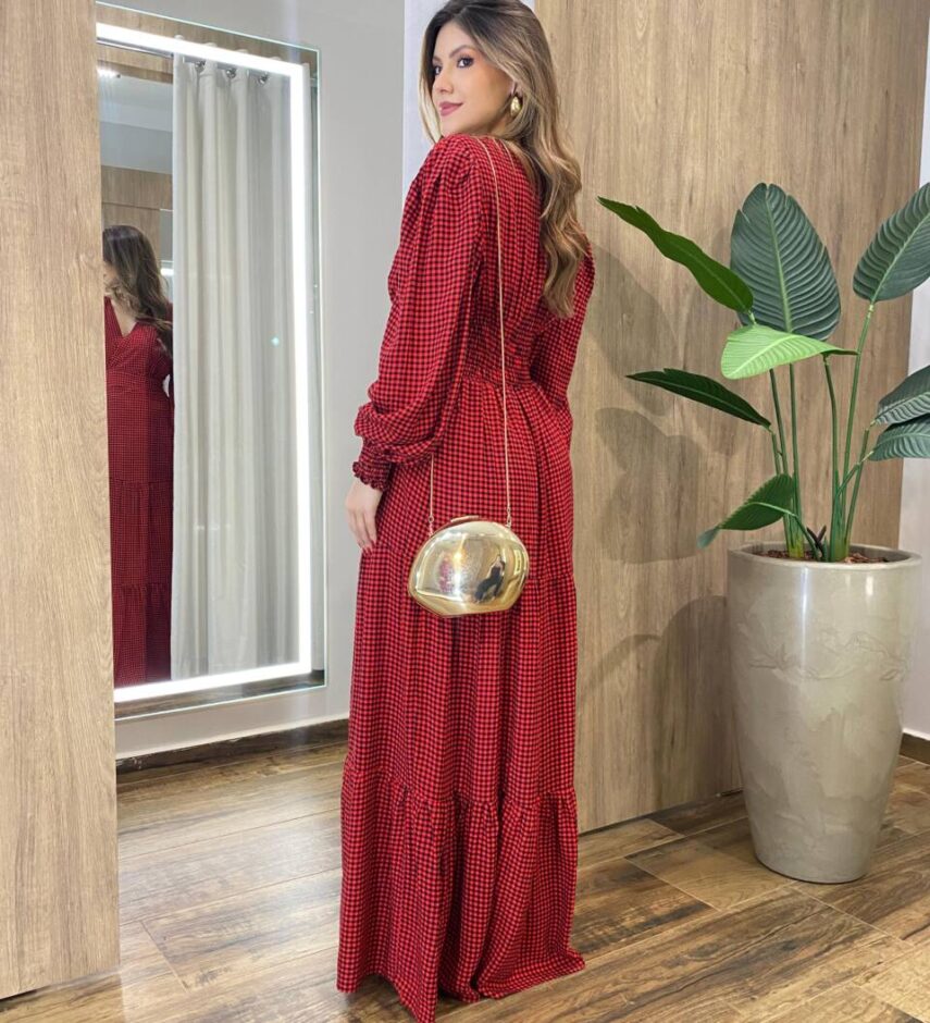 Vestido Feminino Blossom Longo sem Bojo Estampa Xadrez Vermelho - Fernanda Ramos Store