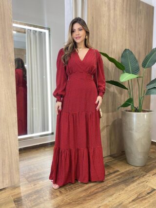 Vestido Feminino Blossom Longo sem Bojo Estampa Xadrez Vermelho - Fernanda Ramos Store