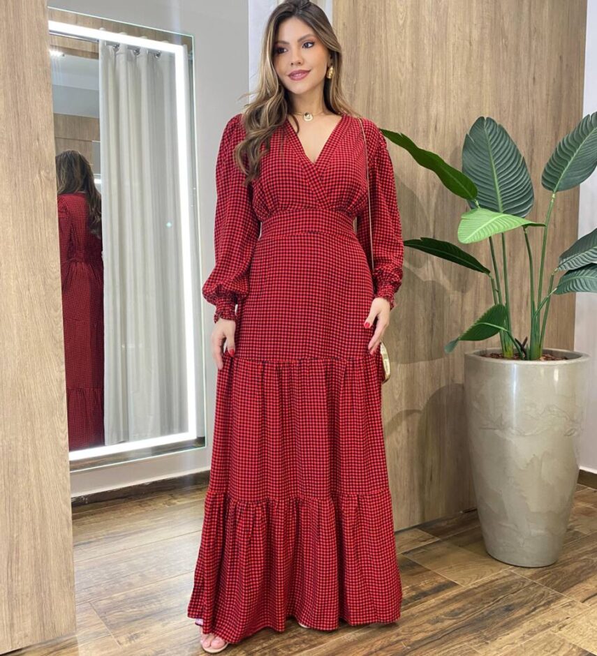 Vestido Feminino Blossom Longo sem Bojo Estampa Xadrez Vermelho - Fernanda Ramos Store