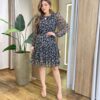 Vestido Feminino Curto Margarida Manga Longa Estampado Preto - Fernanda Ramos Store