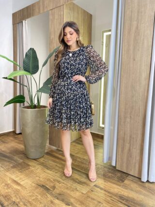 Vestido Feminino Curto Margarida Manga Longa Estampado Preto - Fernanda Ramos Store