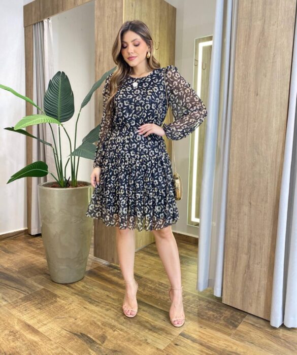 Vestido Feminino Curto Margarida Manga Longa Estampado Preto - Fernanda Ramos Store