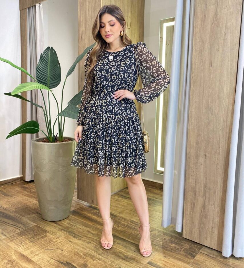 Vestido Feminino Curto Margarida Manga Longa Estampado Preto - Fernanda Ramos Store